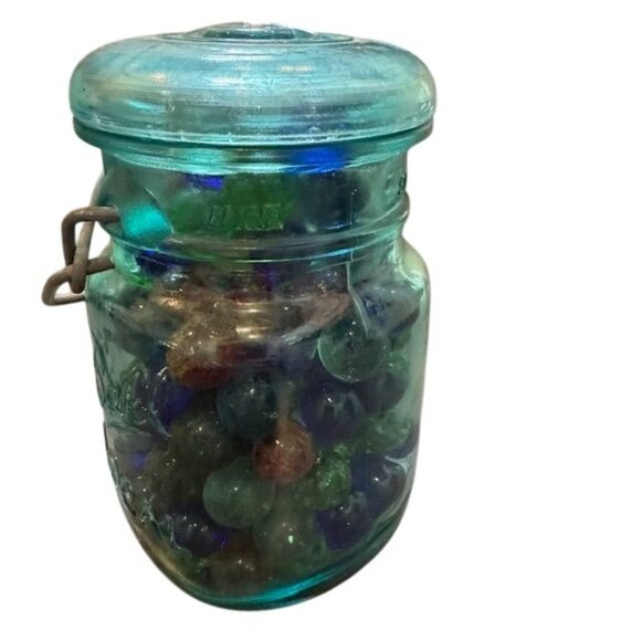Vintage Blue Glass Jar With Wire Clamp with Glass Marbles - Picture 3 of 9